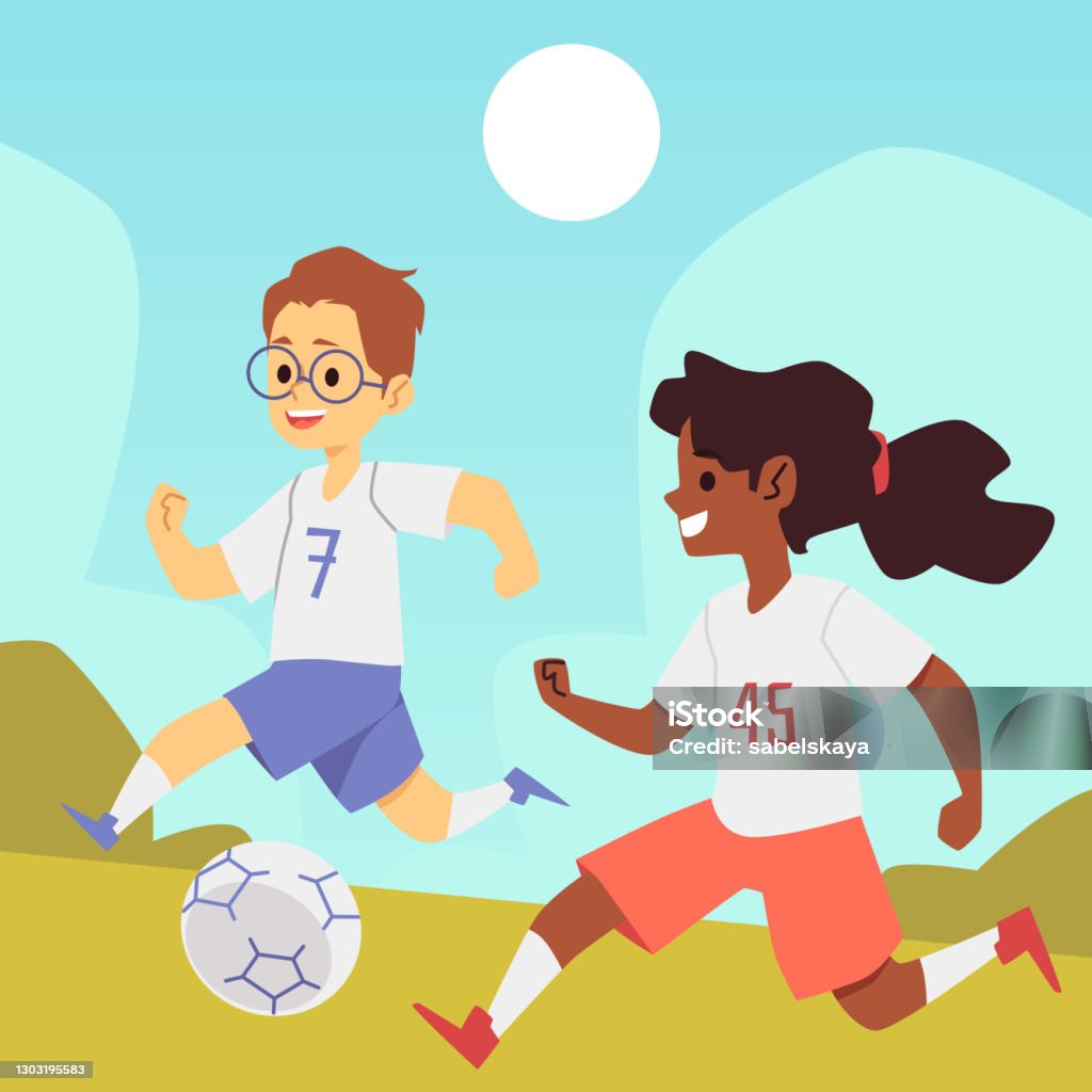 Cartoon Kids Playing Soccer In Summer Field Boy And Girl Sport Game Stock  Illustration - Download Image Now - iStock