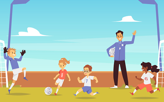 Kids Playing Soccer Game Cartoon Banner With Children In Sport Teams Stock  Illustration - Download Image Now - iStock