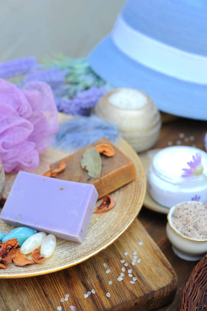 istock Lavender handmade artisan soap, lavender aromatic candle, spa set 1303195626