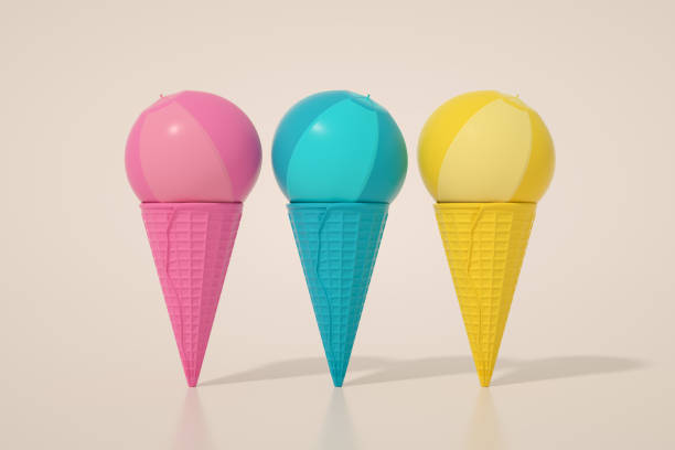 istock Ice cream cone with beach ball, Minimal Surreal Summer Concept, 3D Abstract Background 1303197046