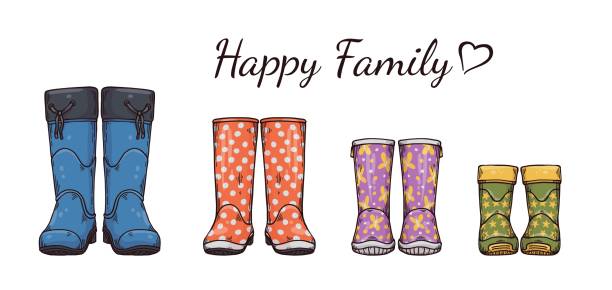 Family card with gumboots of children and parents, sketch vector illustration. Happy family card or banner design with gumboots of children and parents standing in row, cartoon sketch style vector illustration isolated on white background. rubber boot stock illustrations