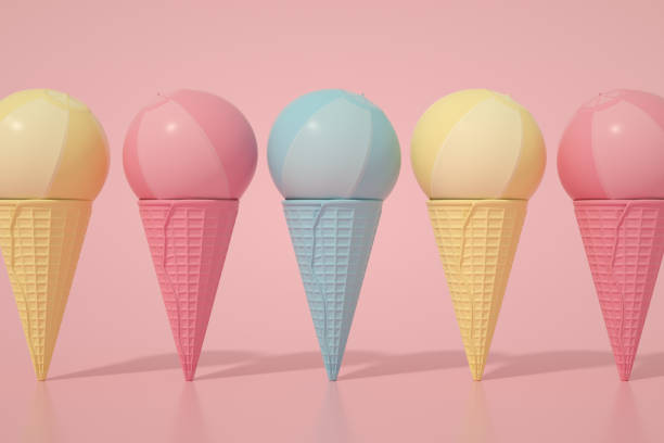 istock Ice cream cone with beach ball, Minimal Surreal Summer Concept, 3D Abstract Background 1303197120