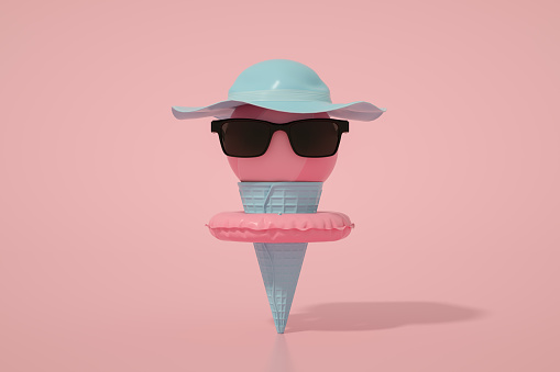 3d rendering of Ice cream cone with beach ball and sunglasses. Abstract colorful background, minimal summer concept. Surrealism.