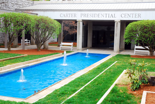 Atlanta, GA, USA February 27 A small reflective pool stands in front of the Jimmy Carter Presidential Library in Atlanta