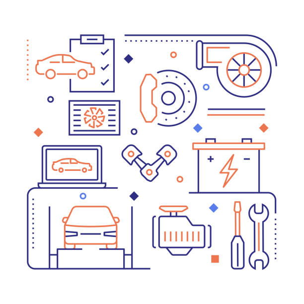 istock Car Repair Shop Related Modern Linear Design Vector Illustration for Web Banner, Website Header, Brochure, Annual Report etc. 1303202961
