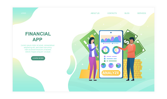 Male and female characters are using financial application on smartphone. Concept of investment analysis, internet banking. Website, web page, landing page template. Flat cartoon vector illustration