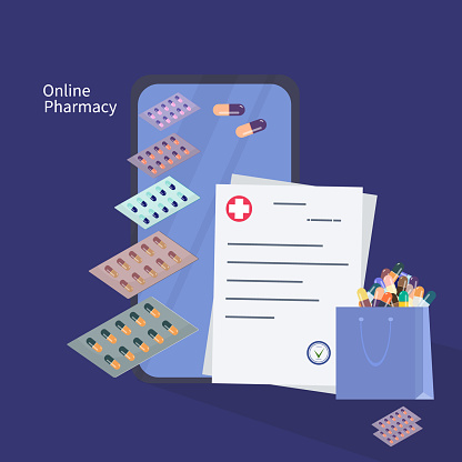 Apotek Online Smartphone Kantong Obat Dan Resep Dokter Konsep Membeli ...