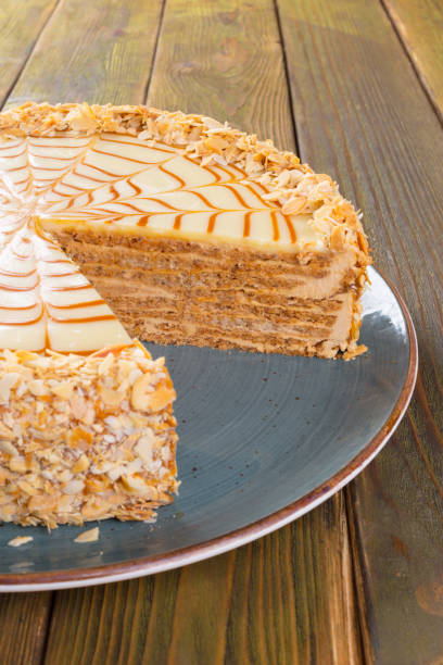 istock Cut caramel cake on plate on wooden table 1303207139