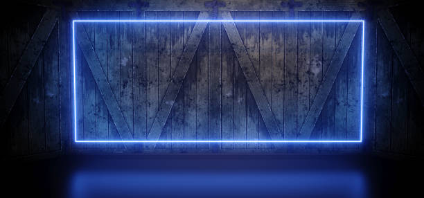 istock Neon Sci Fi Tron Cyber Futuristic Fluorescent Blue Glowing Rectangle Frame Studio Garage Hangar Barn Wood Plank Wall Realistic Glossy Dark 3D Rendering 1303207968