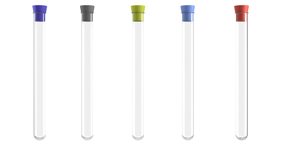 Five laboratory glass tubes with colored stoppers, isolated on a white background. 3D rendering.