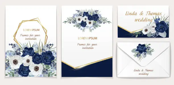 Vector illustration of Invitation or greeting card and business card with gold geometrical frames, transparent light effects and wedding flowers. Golden brilliants elements and flowers isolated on background