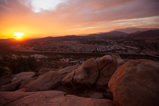 Summit sunset view of Mount Rubidoux and Jurupa Valley in Riverside County, California, USA.