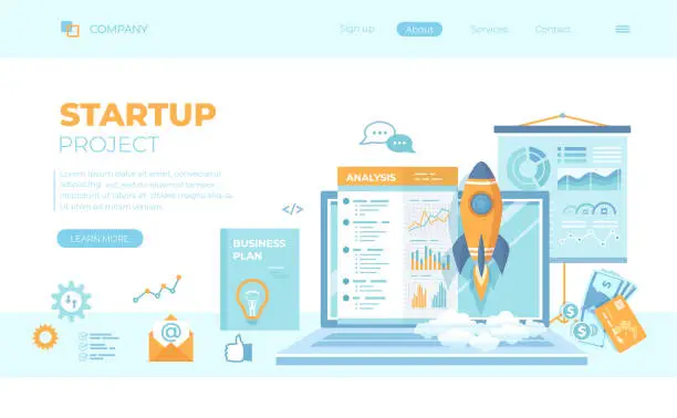 Vector illustration of Project Startup, Financial planning, Idea, Strategy, Management, Realization, Success. Rocket launch, laptop, report, business plan. Can use for web banner, landing page, web template.