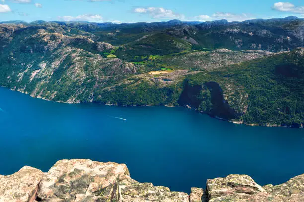 Photo of Lysefjord aerial panoramic view from the top of the Preikestolen cliff near Stavanger.