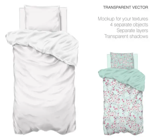 Vector illustration of Vector blank white bed mock up for your design and fabric textures. Pillows and blanket with transparent shadows. View from the top