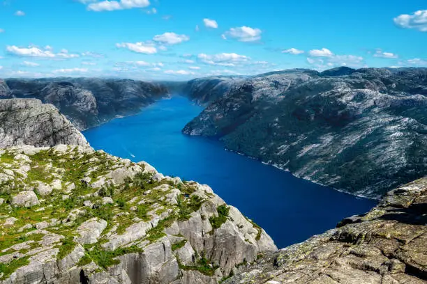 Photo of Lysefjord aerial panoramic view from the top of the Preikestolen cliff near Stavanger.