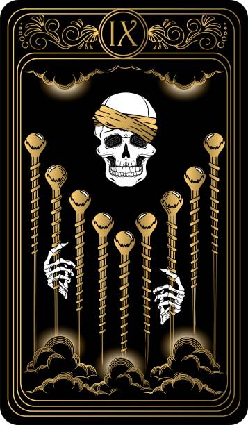 Graphics and illustrations Nine of wands. Card of Minor arcana black and gold tarot cards. Tarot deck. Vector hand drawn illustration with scull, occult, mystical and esoteric symbols. 9 stock illustrations