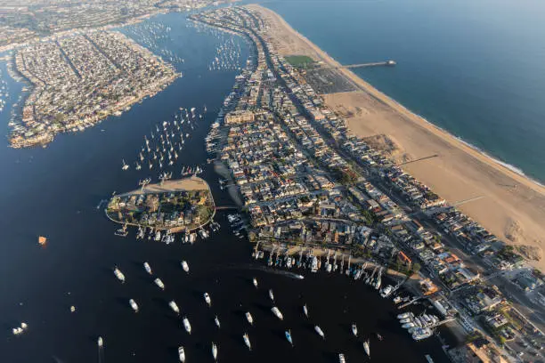 Aerial view of Newport Beach Harbor and Balboa Bay in Orange County, California.
