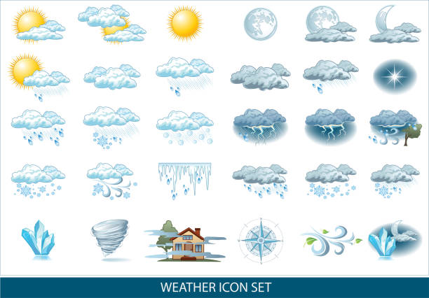 ilustrações de stock, clip art, desenhos animados e ícones de vector weather forecast icon with bright background. weather icons for your infographics and design - rain tornado overcast storm