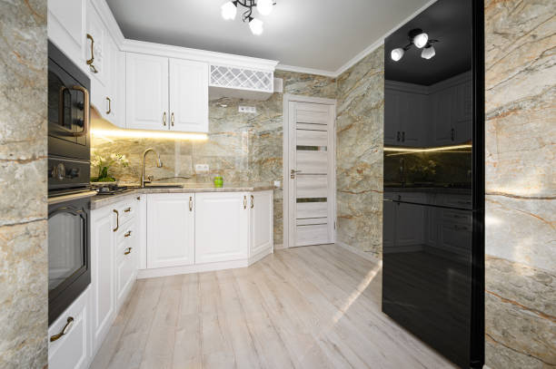 istock Modern classic white kitchen interior with wooden furniture 1303217095