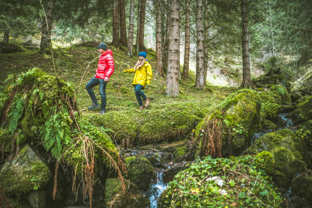 istock Young couple of hikers explore mossy forest floor 1303218088