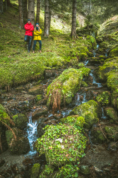 istock Young couple of hikers explore mossy forest floor 1303218144