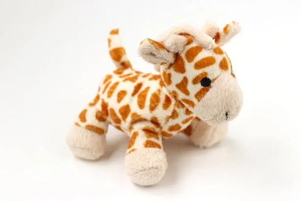 Little toy giraffe plushie isolated on white background with shadow reflection