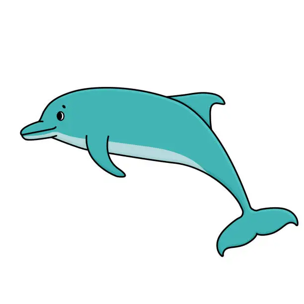 Vector illustration of Vector cartoon blue outline illustration of a funny dolphin. Doodle Animal is isolated on white background.
