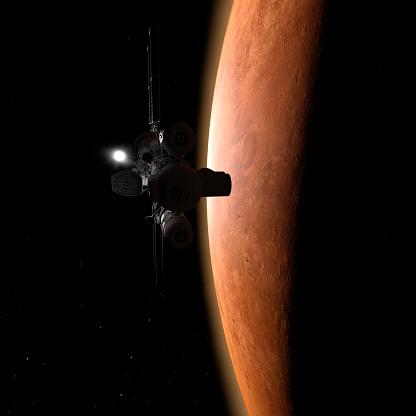 Spaceship near Mars the Red planet of the solar system in space - 3d rendering