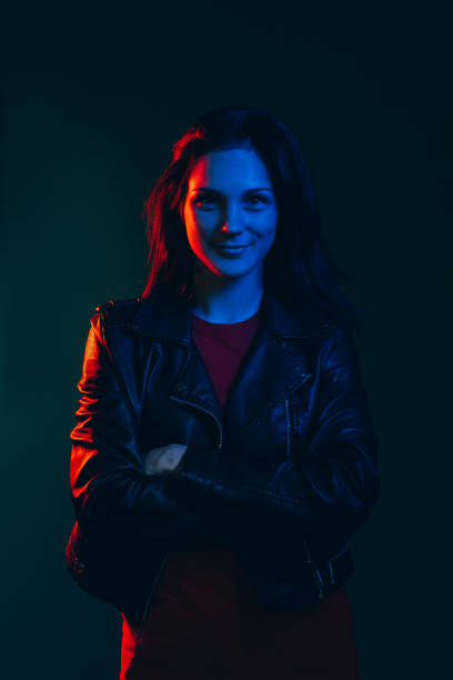 night female portrait neon light positive attitude