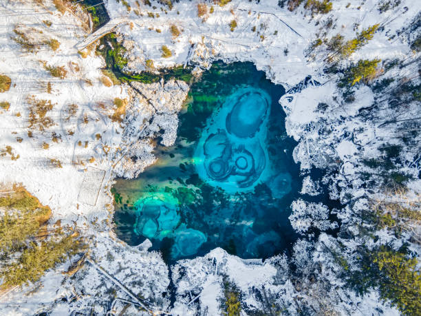 Turquoise thermal lake in Ulagan district near the village of Aktash, Altai Republic, top view, aerial view, Turquoise thermal lake in Ulagan district near the village of Aktash, Altai Republic, Russia top view, aerial view, altai republic photos stock pictures, royalty-free photos & images