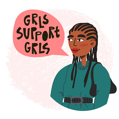 Young stylish African woman with braids hairstyle in hoodie says Grls support grls. Feminism, equal, independence, power generation concept. Vector isolated illustration.