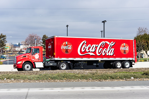 Jan 5, 2021 Pittsburg / CA / USA - Coca Cola truck driving on a street in San Francisco Bay Area