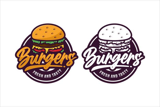 burger frisches und schmackhaftes design premium logo - burger stock-grafiken, -clipart, -cartoons und -symbole