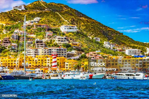 Lighthouse Yachts Boats Marina Central Stores Cabo San Lucas Mexico Stock Photo - Download Image Now