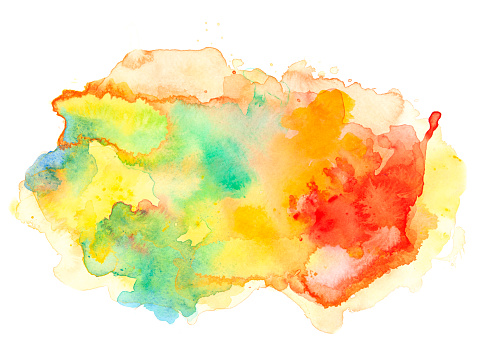 Yellow, red, and green watercolor spot with splashes on white watercolor paper