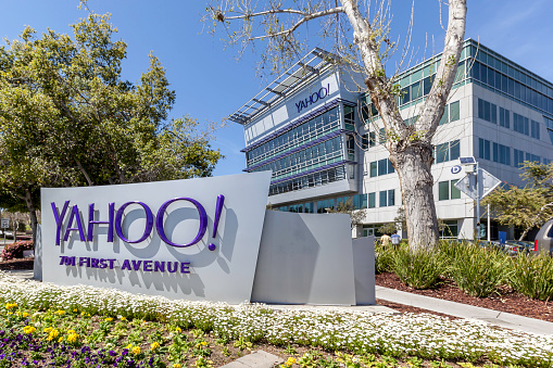 Sunnyvale, California, USA - March 29, 2018: Yahoo 's headquarters in Sunnyvale, California. Yahoo! is a web services provider that is wholly owned by Verizon Communications through Oath