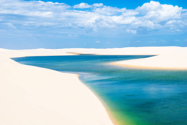 An immensity of white and fine sand dunes marks the paradisiacal path traveled by tourists in the midst of freshwater lagoons of turquoise and emerald blue, this is the Lencois Maranhenses National Park. Located in the Maranhao State in Brazilian northeastern the Lencois Maranhenses are considered the largest dunes field in South America, occupying an area of thousand hectares. With a rare geological formation on the planet its dunes up to 40 meters high formed by the action of the winds arrive from the coast entering 25 km of the Brazilian coastline. brazil desert maranhao state national park stock pictures, royalty-free photos & images