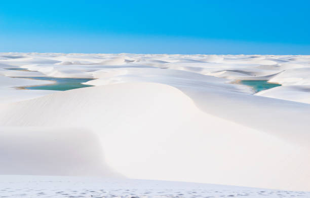 An immensity of white and fine sand dunes marks the paradisiacal path traveled by tourists in the midst of freshwater lagoons of turquoise and emerald blue, this is the Lencois Maranhenses National Park. Located in the Maranhao State in Brazilian northeastern the Lencois Maranhenses are considered the largest dunes field in South America, occupying an area of thousand hectares. With a rare geological formation on the planet its dunes up to 40 meters high formed by the action of the winds arrive from the coast entering 25 km of the Brazilian coastline. Traveled stock pictures, royalty-free photos & images