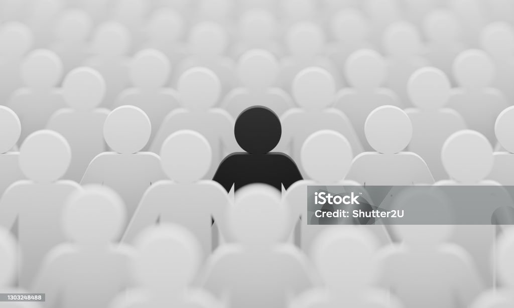 Black color figurine among crowd white people background. Social lifestyle and business competition and strange person concept. Human character symbol theme. 3D illustration rendering. Racism Stock Photo
