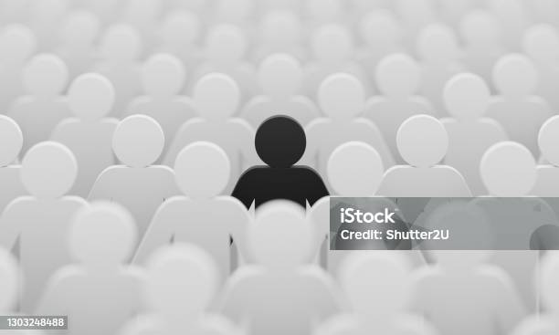 Black Color Figurine Among Crowd White People Background Social Lifestyle And Business Competition And Strange Person Concept Human Character Symbol Theme 3d Illustration Rendering Stock Photo - Download Image Now