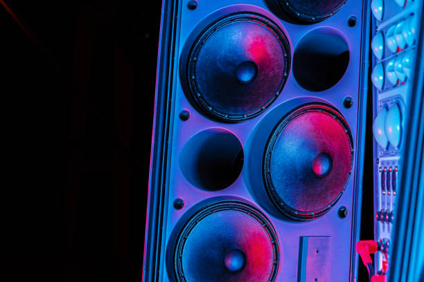 istock Stereo column of modern audio system close up 1303249204