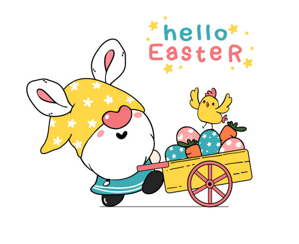 Cute easter Gnome bunny ears cartoon and yellow chick baby in pink truck car with Easter eggs. Happy Easter, Cute doodle cartoon vector spring Easter clip art Cute easter Gnome bunny ears cartoon and yellow chick baby in pink truck car with Easter eggs. Happy Easter, Cute doodle cartoon vector spring Easter clip art easter easter egg eggs basket stock illustrations