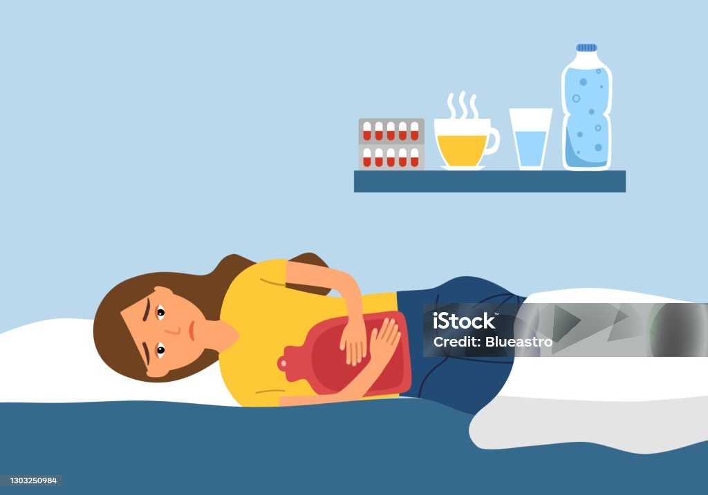 Woman Having A Stomachache Poisoning Or Period Pain And Lying On Bed  Concept Vector Illustration Menstrual Cramps Female Relief Pain With Hot  Water Bag Stock Illustration - Download Image Now - iStock