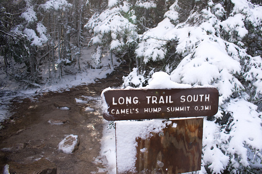 Newly opened Boiceville Bridge on the Ashokan Rail Trail in the Hudson Valley of New York. Sun, clouds and snow. Open for hiking, cross country skiing and snowshoeing and winter activities.