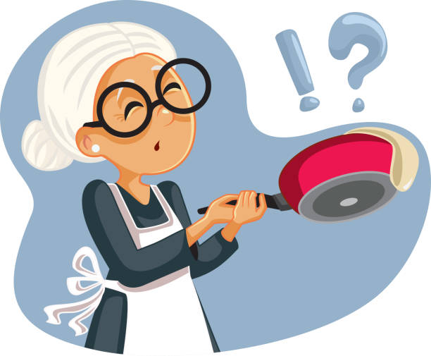 illustrations, cliparts, dessins animés et icônes de faire cuire grand-mère à défaut de retourner une crêpe - cooking fail