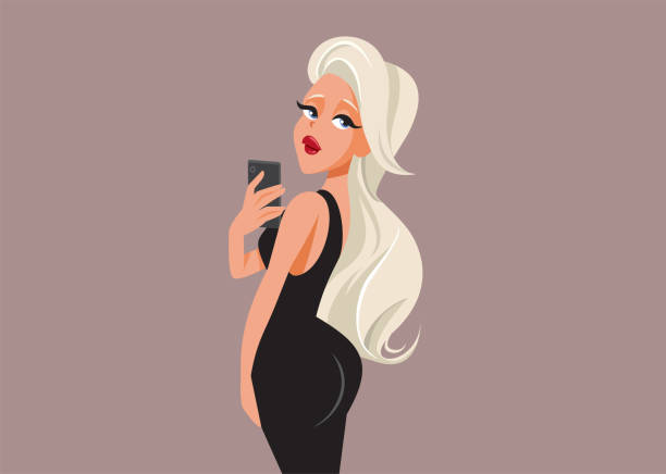 Attractive Girl Taking a Selfie in Self-Admiration Beautiful blonde woman feeling self-confident and feeding her ego blond hair illustrations stock illustrations