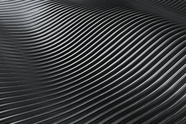 istock 3D rendering closeup abstract black silver and white stripe slicing wavy background. Minimalism illustration concept. Graphic design wallpaper and backdrop 1303253385