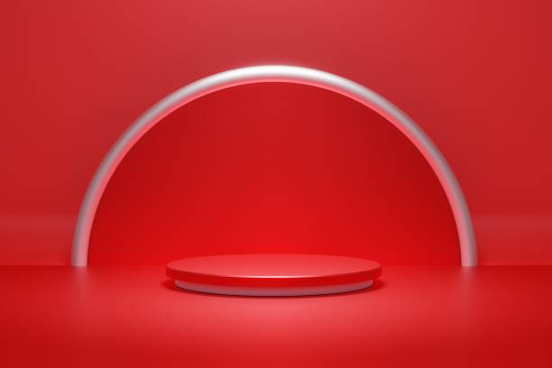 istock Red product podium stage and silver ring and spot light background. Abstract minimal geometry concept. Exhibition and business marketing presentation. 3D illustration rendering graphic design 1303253387