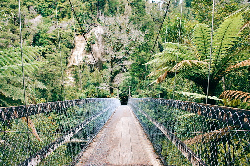 Looking across a Swing Bridge in Charleston, in the Paparoa National Park, of New Zealand's West Coast Region.